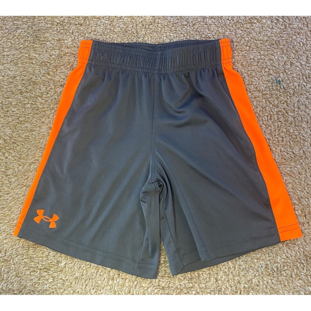 Under Armour Boys Athletic Shorts Size 6 Gray w/ Orange Panels UA Logo